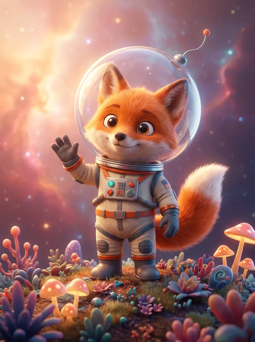 Сгенерированный 3D-персонаж лисёнок-космонавт в стиле Pixar